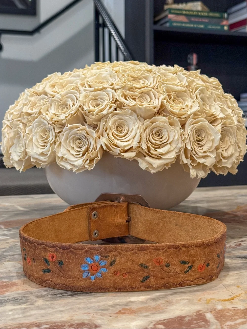Vintage 1970s Hand Painted Tooled Leather Floral Belt XS Boho Hippie Western